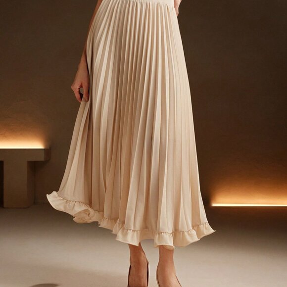 Apricot Elegant Women's Color Pleated Woven Ruffle Hem Skirt - Picture 6 of 7